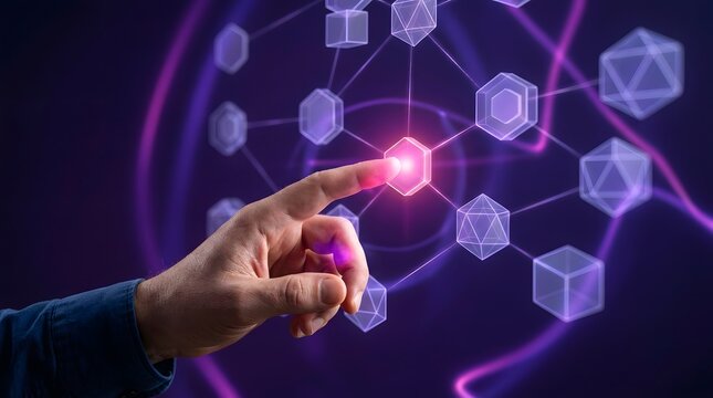 Human finger touching a glowing purple digital blockchain network node on a dark background with blockchain technology connection