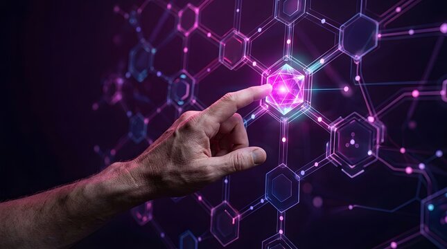 Close up of a hand interacting with a glowing pink digital node in a connected blockchain network digital connection blockchain