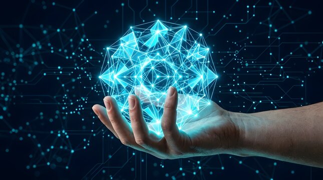 Hand holding a glowing blue digital geometric sphere representing advanced technology and data with technology abstract futuristic
