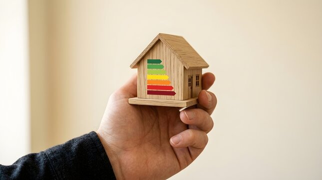 Hand holding a small wooden house model with an energy efficiency rating label eco friendly real estate sustainability building