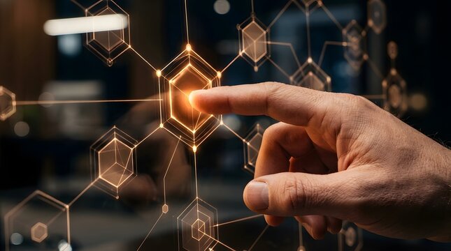 Person interacting with glowing digital hexagonal network connection interface hexagonal nodes data connection interactive interface
