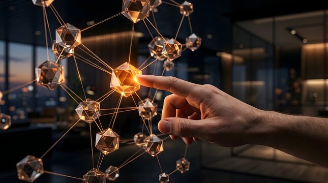 Hand touching glowing molecular structure nodes in digital workspace with digital connection futuristic interface tech interaction