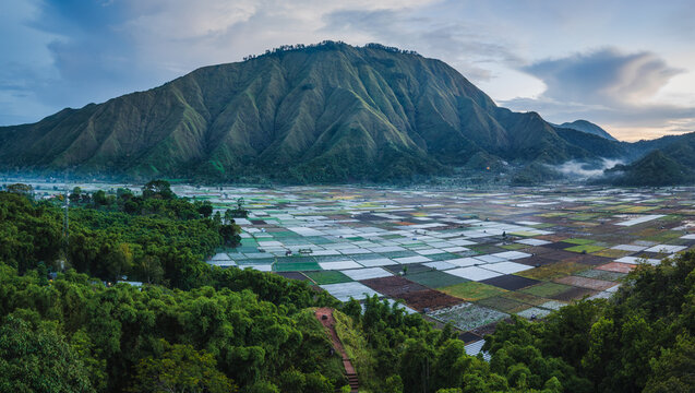 Aerial view of the Sembalun agricultural basin at the foothills of Mount Rinjani with patchwork fields, lush greenery, and dramatic mountain slopes, Sembalun, West Nusa Tenggara, Indonesia.