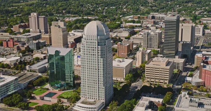 Winston-Salem North Carolina Aerial v10 birdseye flyover circling downtown towers, streets and mixed-use city blocks - Shot with 8k Camera - Oct 1st 2023