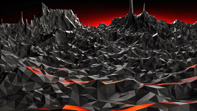 Abstract low poly volcanic landscape with lava