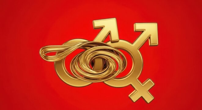 A golden symbol representing gender equality and androgyny on a red background illustration