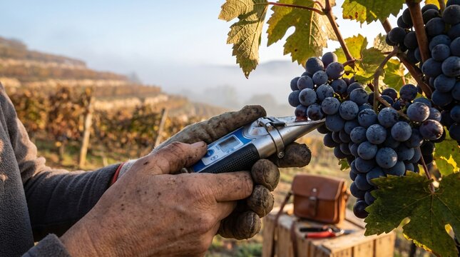 Winemaker Measuring Ripeness of Red Grapes During Harvest
