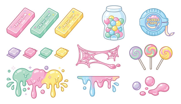 Cute bubble gum and sweet candy collection set featuring gumball jar lollipop tape packs and slime drops vector illustrations isolated on white