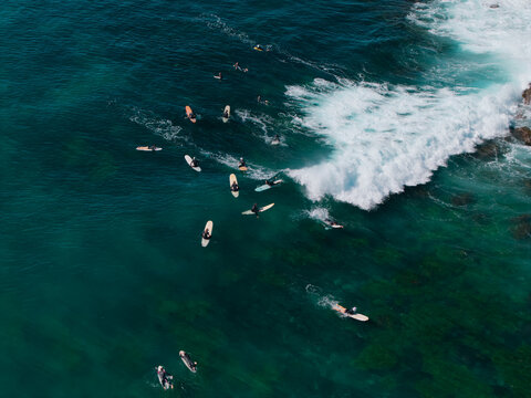 Aerial view of surfers paddling on their boards in the turquoise ocean water at Dee Why Beach, Dee Why, New South Wales, Australia.