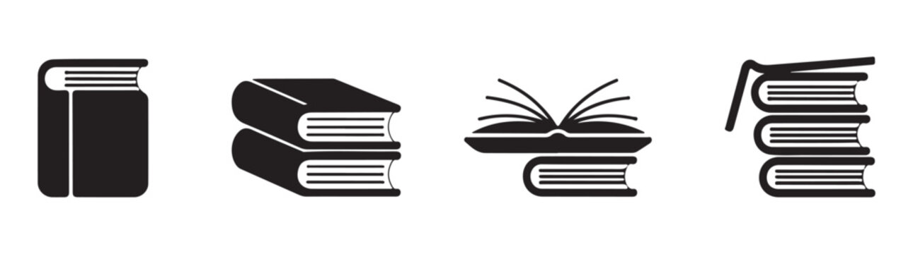 Black book collection icons showing hardback literature and stack designs for library applications.