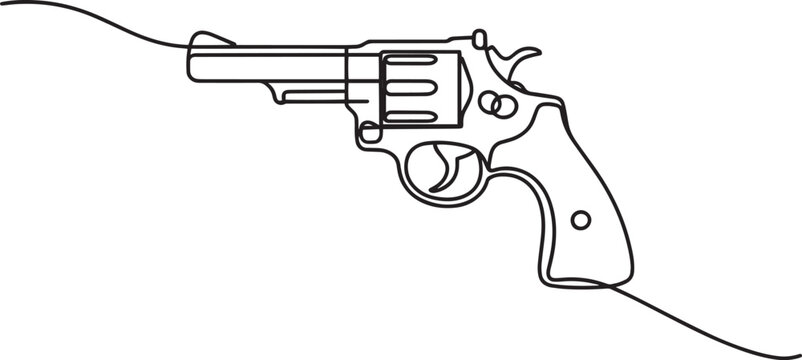Minimalist continuous line drawing of a revolver handgun isolated on a plain light gray background