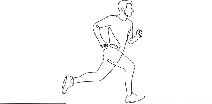 Minimalist continuous line drawing of a male athlete running fast on a plain white background