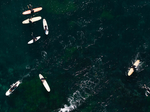 Aerial view of surfers paddling on surfboards in the deep blue ocean water off the coast of Dee Why, New South Wales, Australia.