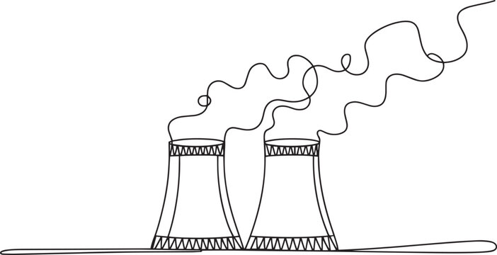 Minimalist hand drawn sketch of two nuclear power plant cooling towers emitting smoke against a plain white background