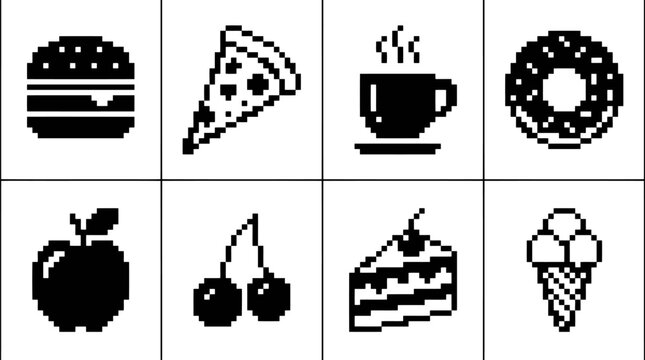 Set of pixel art food icons
