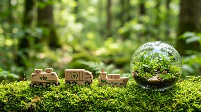 Small wooden toy train truck and boat arranged in forest with moss and glass terrarium eco friendly miniature sustainability transport