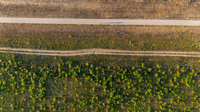 Aerial view of a paved road running parallel to a dirt path through green fields and vegetation in Sremska Mitrovica, Vojvodina, Serbia.