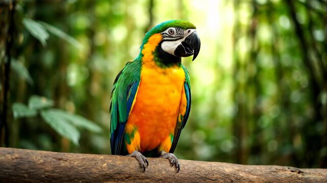 Close-up of a colorful parrot on a branch, preening its feathers