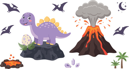 Cute Cartoon Prehistoric Dinosaur Vector Set Featuring Stegosaurus Pterodactyls Erupting Volcano Lava Pool Egg and Palm Trees for Kids Designs © MstMonira