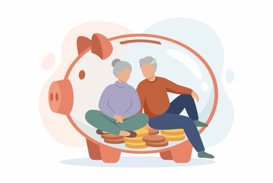Retirement Savings Plan with Senior Couple and Large Piggy Bank