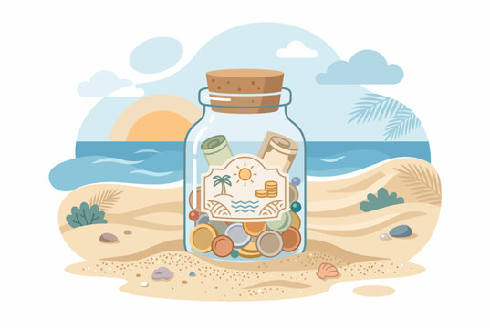 Retirement Savings Glass Jar on Beach for Future Pension Planning