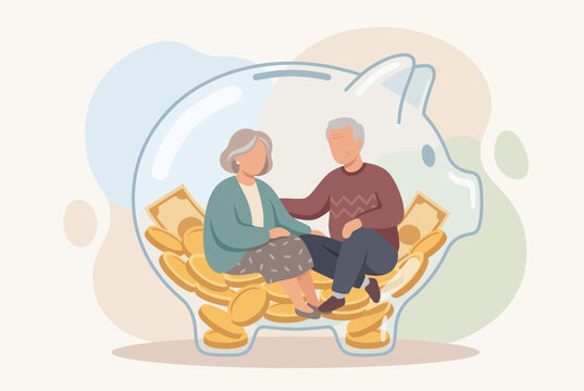 Senior Couple Planning Retirement Savings in Piggy Bank