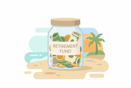 Retirement Fund Savings Jar with Cash and Coins on Beach Background
