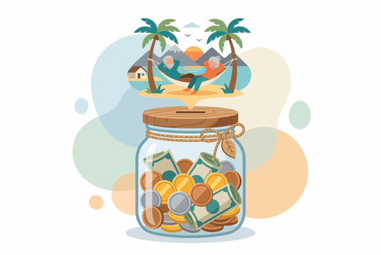 Retirement Savings Fund Concept with Senior Couple Relaxing on Beach