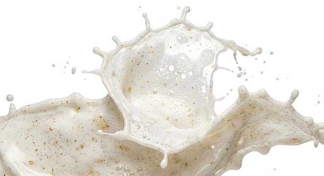 Dynamic White Cream Splash Infused With Shimmering Gold Glitter Particles On A Clean White Background