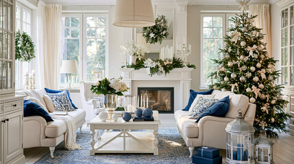 Obraz premium Bright living room beautifully decorated for Christmas with a large tree, fireplace, sofas, and blue decorative elements