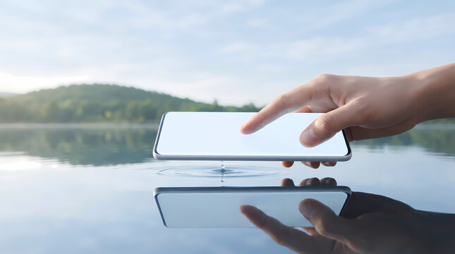 Hand Touching Smartphone Screen with Reflection Over Calm Water and Nature View