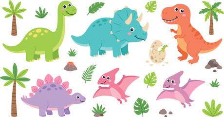 Cute Dinosaur Vector Character Set Featuring Tyrannosaurus Triceratops Stegosaurus Brachiosaurus and Pterodactyl with Tropical Leaves for Kids Education Design Elements © MstMonira