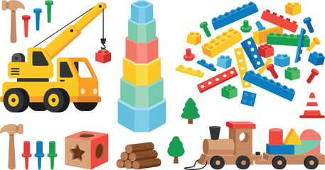 Naklejka premium Kids Construction Building Toys Vector Set Featuring Yellow Crane Truck Building Blocks Wooden Toy Train Stacking Tower and Tool Icons for Nursery Designs