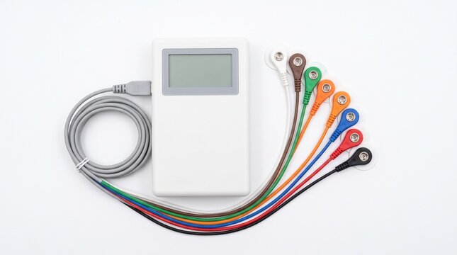 Electrocardiogram ECG Holter monitor device with colorful lead wires on white background