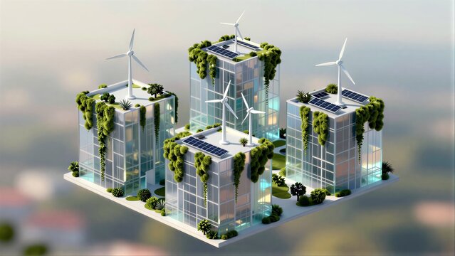 Green buildings with solar panels and wind turbines promote sustainable urban living.
