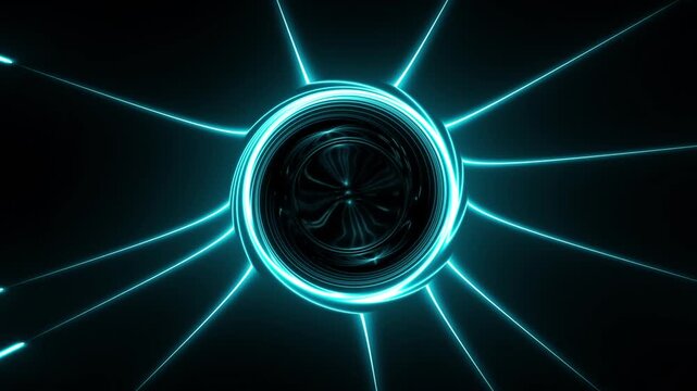 Abstract futuristic animation of a glowing blue light portal with dynamic moving energy and flowing lines in dark space background digital data tunnel visual effect.