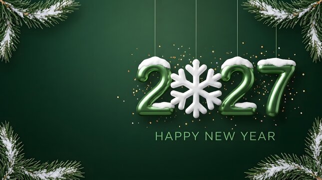 Luxury New Year 2027 horizontal banner on dark green background, featuring 3D green numbers with snowflake center and snowy pine branches frame.