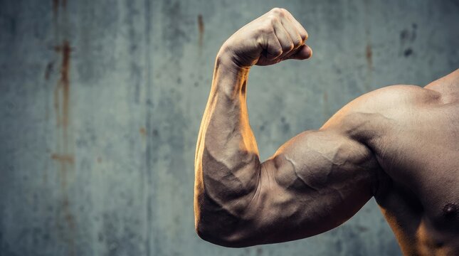 Muscular arm flexing against a textured wall background