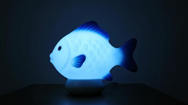 Close-up of a fish-shaped night light, with a small blue fish night light glowing