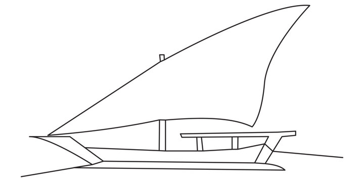 Simple black and white line drawing of a traditional outrigger boat with a single sail