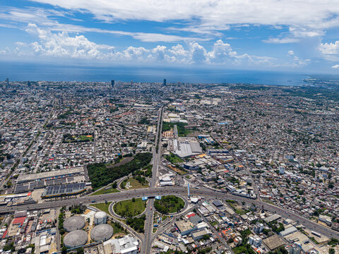 Aerial view of the Autopista Juan Pablo Duarte Km 9 interchange in Santo Domingo, Distrito Nacional, Dominican Republic.