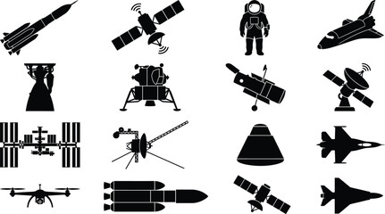 WebSpace exploration and aviation technology icon set featuring rocket, satellite, astronaut, shuttle, and drone silhouettes. © MdMotaharul