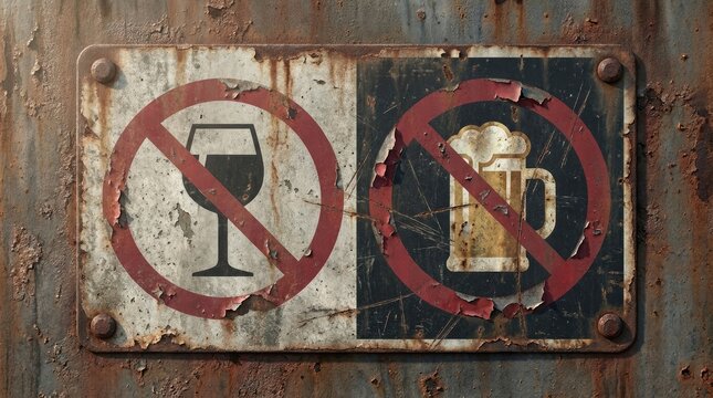 Worn metal prohibition signs with beverage and fire icons on rusted surface