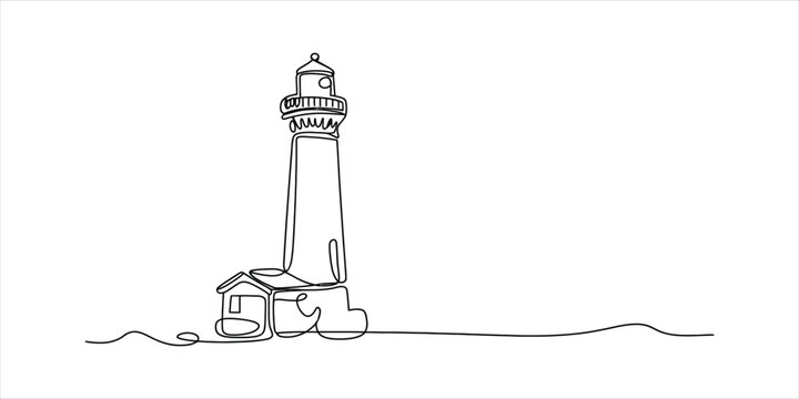 Continuous single line drawing of a tall lighthouse tower building on the coast