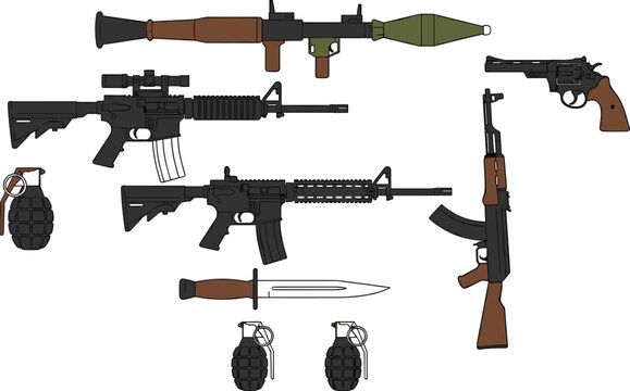 Firearms Collection Illustration, Featuring Rifles, Pistols, Grenades, and a Combat Knife