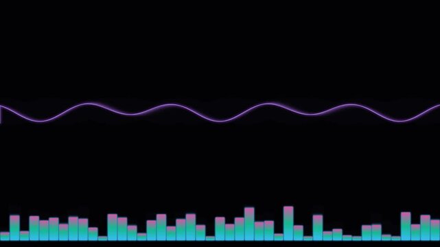 Audio sound wave equalizer spectrum with glowing peaks and digital frequencies on a dark background, ideal for music visualizers, audio podcasts, and streaming loops.