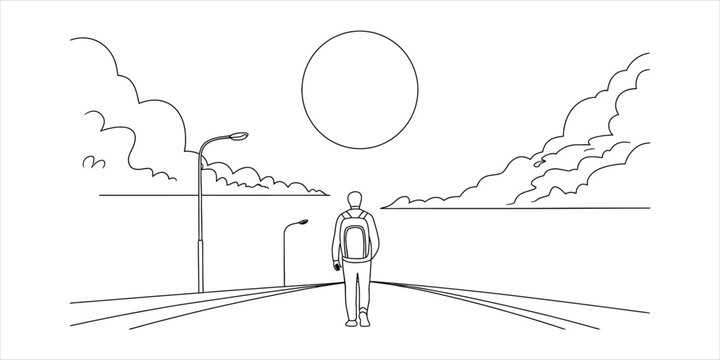 A man with a backpack walking down a long road towards the bright sun in the sky