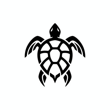A black tribal-style turtle silhouette with intricate geometric patterns on its shell, set against a white background.