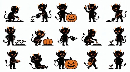Obraz premium Black And Orange Two Tone Flat Vector Imp Planting Pumpkin Seed Ritual Collection