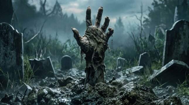 Zombie hand emerges creepily from dark wet graveyard soil ground